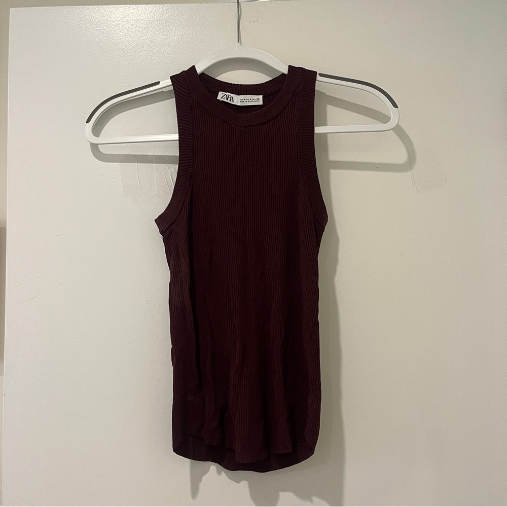 Zara Ribbed Tank Top Burgundy Sleeveless Top Size Small